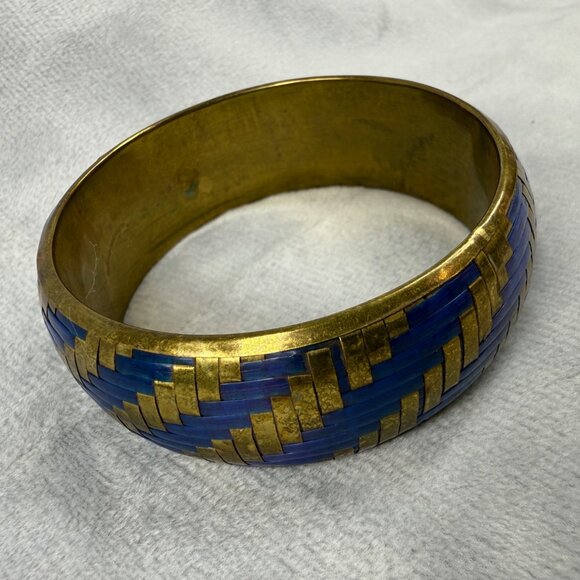 Vintage Brass & Blue Material Woven Design Bangle Bracelet Women Jewelry Classic - Picture 3 of 16